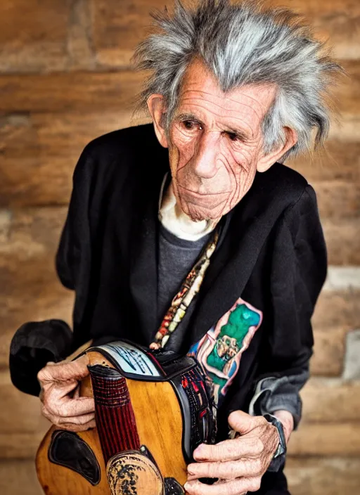 Image similar to DSLR photo portrait still of 132 year old age 132 Keith Richards at age 132!!!, 85mm f1.8