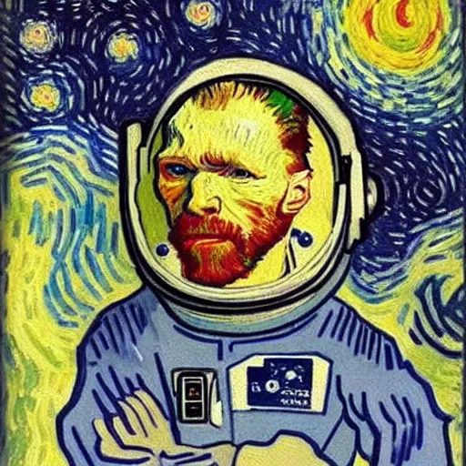 Image similar to Astronaut Lonely in the Galaxy - a painting by Van Gogh. very beautiful, HD detailed. Sad lighting, miserable emotions. The Astronaut is lost in the Galaxy.