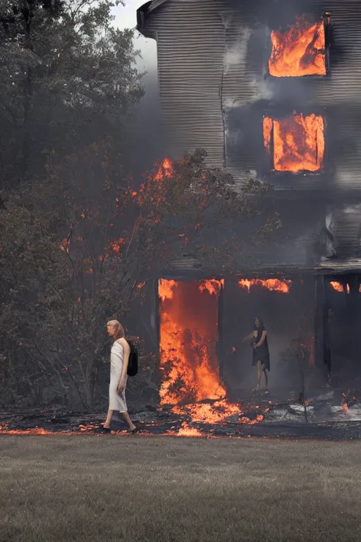 Prompt: Gregory Crewdson full color Photography, A woman walks calmly while her house is on fire