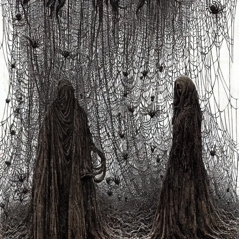 Image similar to a woman standing all covered in spiders. illustration of arachnophobia, fear of spiders, incredible number of spiders and bugs. extremely high details, spider paws, realistic, horror, creepy, web, masterpiece, art by zdzislaw beksinski, arthur rackham, dariusz zawadzki