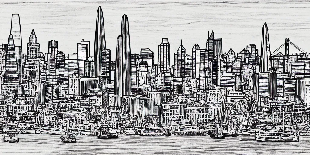 Prompt: black and white, san francisco harbor line art by stephen wiltshire