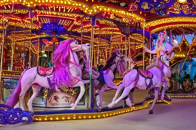 Image similar to professional photo drag queens riding carousel, las vegas show