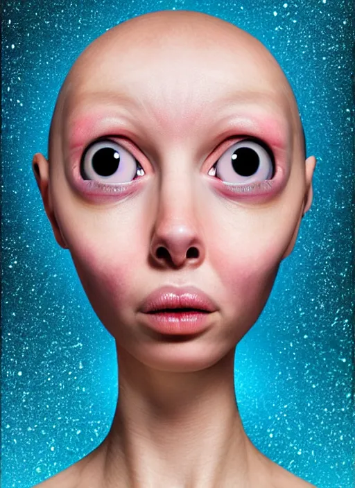 Image similar to nervous alien girl with two big cute eyes, the head is tightly wrapped in plastic wrap with a market label on it. high detail, realistic, symmetrical face, photoreal