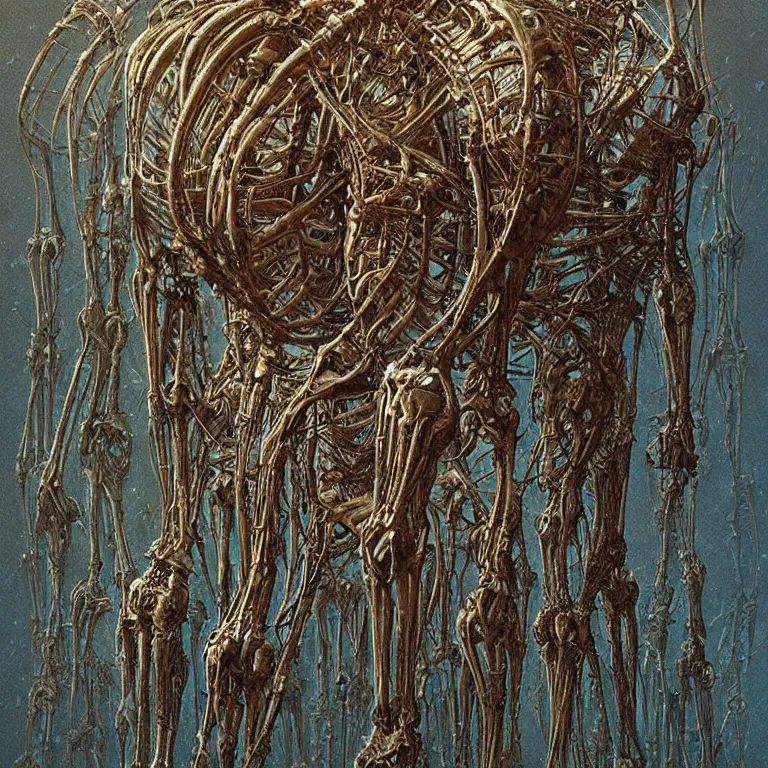 Image similar to organic cyborg alien skeleton alien centipede planet face style of peter gric zdzislaw beksinski surrealism poster art