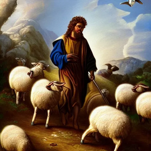 Prompt: realistic painting of abel the shepherd of sheep, shepherding the flock, in the style of miguelangel