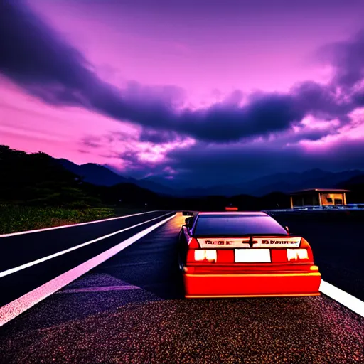 Image similar to a car drift spec JZX100 in middle of road, gunma prefecture, city sunset night, cinematic color, photorealistic, highly detailed