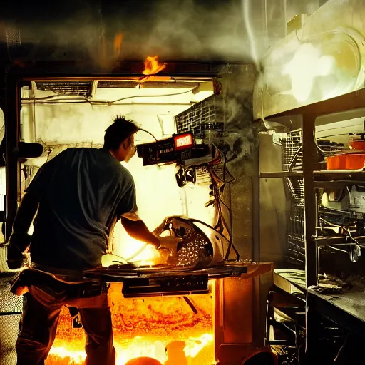 Image similar to cyborg toaster oven repairman, dark messy smoke - filled cluttered workshop, dark, dramatic lighting, orange tint, sparks, plasma rays, cinematic, highly detailed, sci - fi, futuristic, movie still, rule of thirds composition