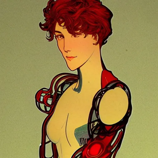 Image similar to handsome beautiful but male humanoid male robot part metal wires with wavy short dark hair, elegant, red lighting, realistic, concept art, smooth, detailed, alphonse mucha and waterhouse,