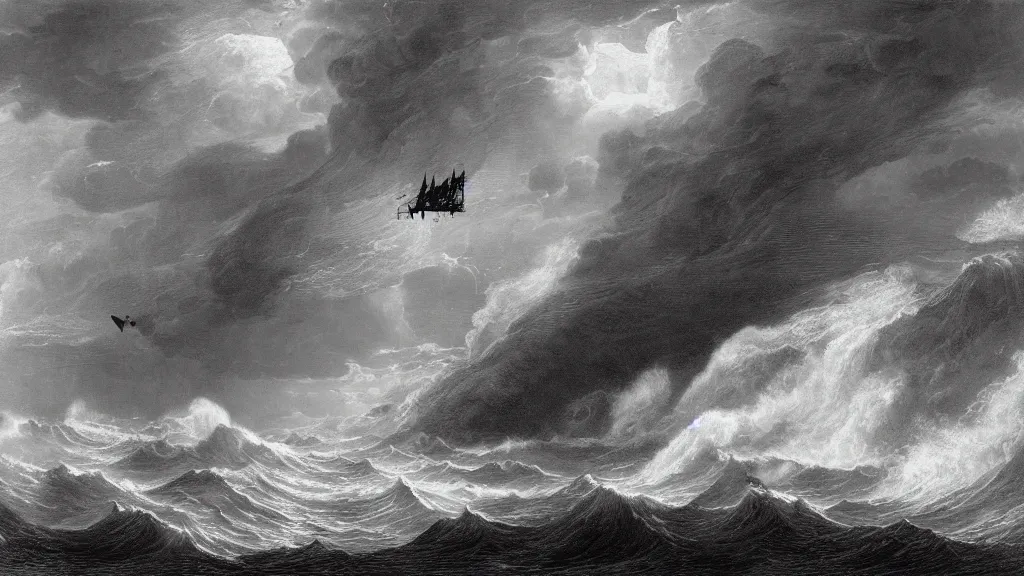 Image similar to drawing of an ornithopter flying above a stormy ocean, by gustave dore, nineteenth century, black and white, vintage, science fiction, epic composition, dramatic lighting, highly detailed, cinematic