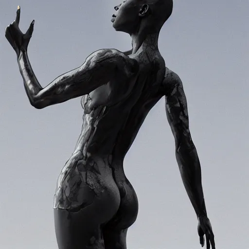 Image similar to hyper realistic of a stunning intricate cracked black marble falling african american woman angel body sculpture, highly detailed, white background, trending on artstation, hyperrealism, matte painting, subsurface scattering