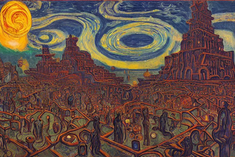 Prompt: lovecraftian antikythera city, ancient babylonian, sumerian dream festival, japanese lantern festival, oil painting by edvard munch, mc escher, stanislaw beksinski, makoto shinkai, jim woodring, aldemir martins, nicholas roerich, van gogh