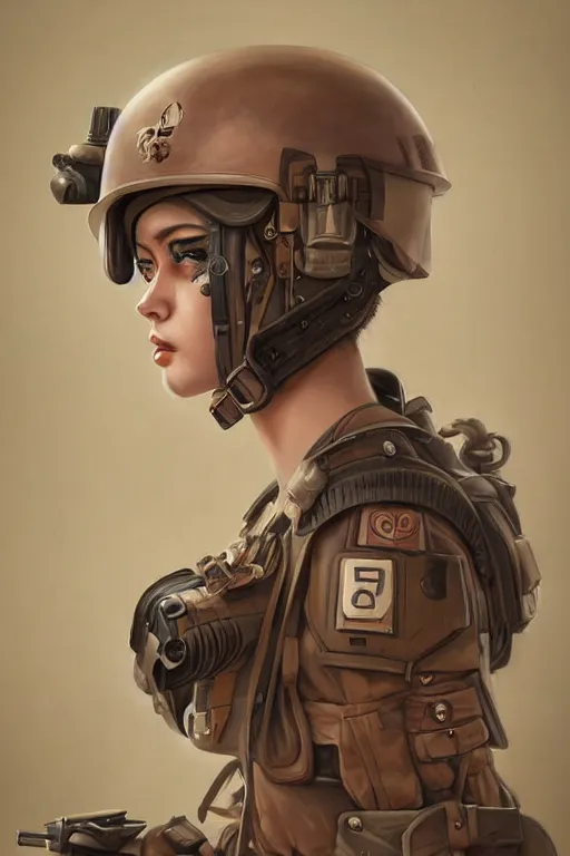 Image similar to portrait of dieselpunk blackpink jisoo soldier girl, helmet, desert, armored, highly detailed, digital painting, face detail, sharp focus, art, illustrations by loish and rossdraws and ayanamikodon and wlop and irakli nadar