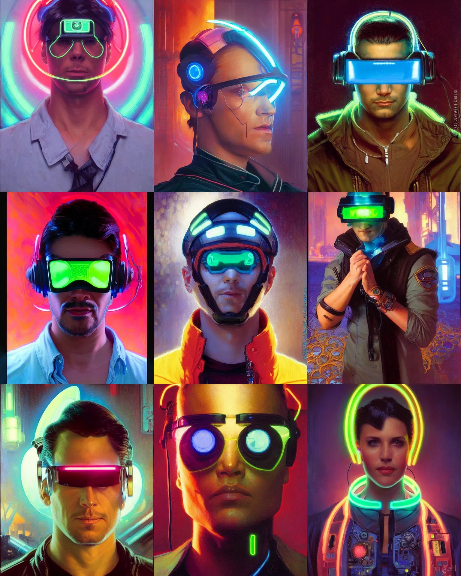 Prompt: neon cyberpunk hacker with glowing geordi visor over eyes and headset headshot portrait painting by donato giancola, rhads, loish, alphonse mucha, mead schaeffer fashion photography