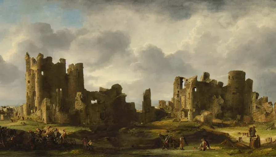 Image similar to huge castle in ruins, ruined castle, castle ruins with a dark cloudy stormy sky, striking landscape, dramatic scene during the first anglo - dutch war painted by jan beerstraaten