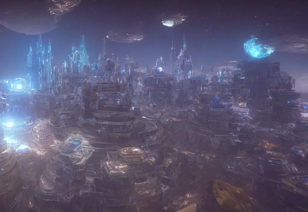 Image similar to a city made of holographic metal in a floating island in space, cinematic, unreal engine 5