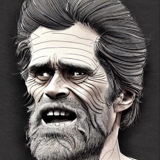 Image similar to a realistic yet scraggly portrait sketch of the side profile of a stern and sophisticated willem dafoe with a beard, trending on artstation, intricate details, in the style of frank auerbach, in the style of sergio aragones, in the style of martin ansin, in the style of david aja, in the style of mattias adolfsson