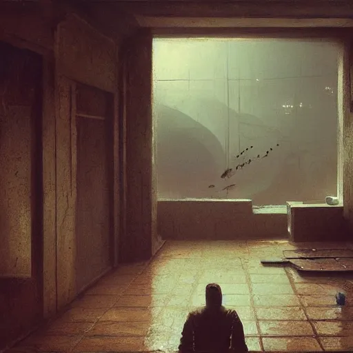 Image similar to detailed painting of bladerunner interior room in yemen, artstation, beksinski, cinematic