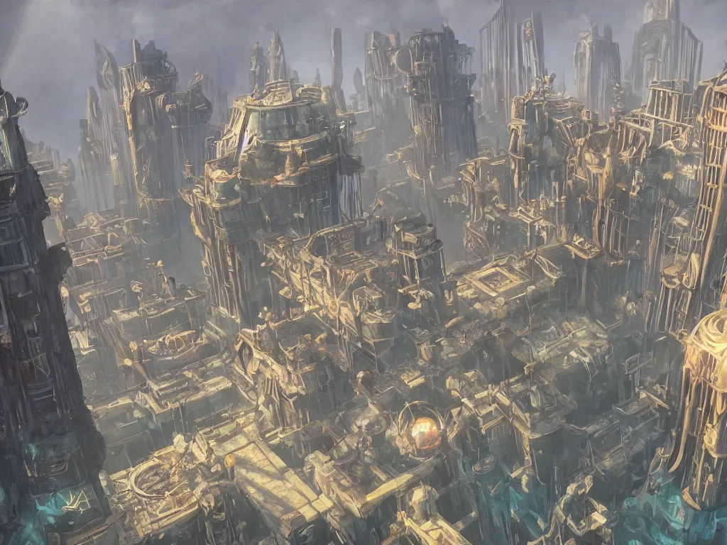 Image similar to decaying underwater city from bioshock, concept art, oil painting, art deco architecture