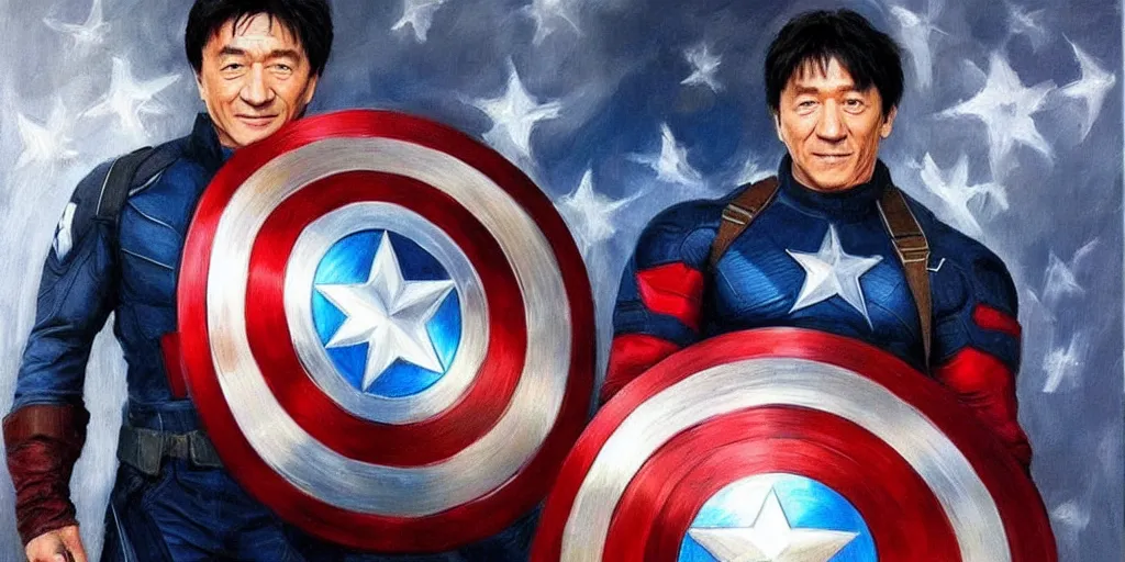 Image similar to jackie chan holds captain america's shield ， oil painting