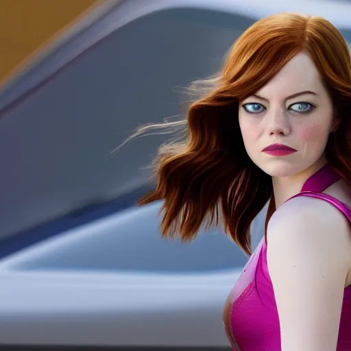 Image similar to first picture of emma stone as evil racer in new fast and the furious movie, ( eos 5 ds r, iso 1 0 0, f / 8, 1 / 1 2 5, 8 4 mm, postprocessed, crisp face, facial features )