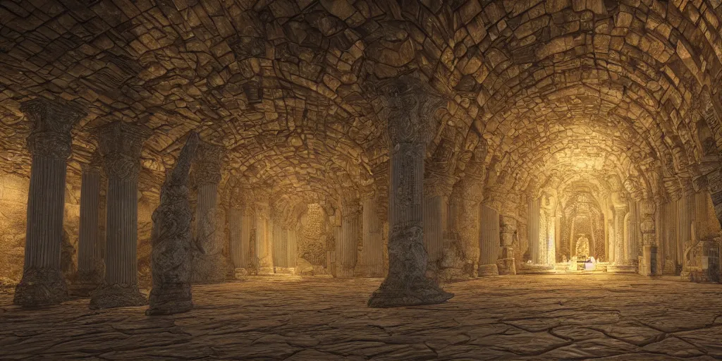 Image similar to The Great Hall of a Dwarven underground city by John Howe, gigantic pillars, sconces, intricate details, intricate stone carvings, unreal engine, octane render, trending on cgsociety, trending on artstation, epic, grandiose, awe inspiring, the mines of Moria, dwarven architecture, inlaid with gold