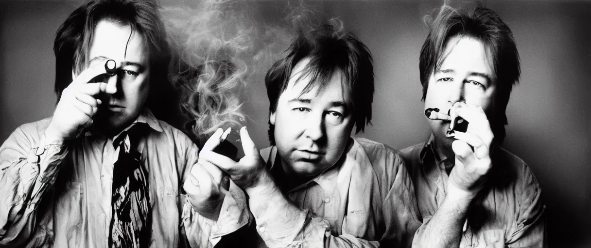 Image similar to award winning photo of BILL HICKS finds a treasure in an apartment smoking, vivid colors, happy, symmetrical face, beautiful eyes, studio lighting, wide shot art by Sally Mann & Arnold Newman