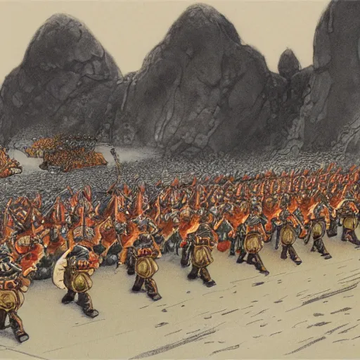 Prompt: dwarven cave fleet day, dwarven military parade, illustration by Alan Lee