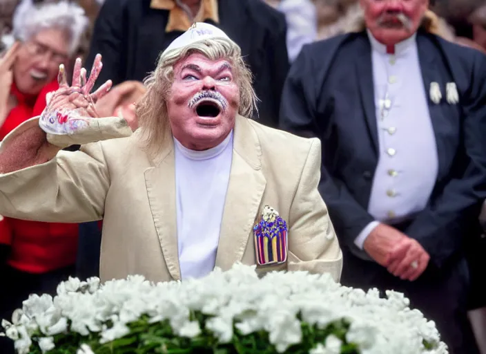 Image similar to photo still of rip taylor at the popes funeral!!!!!!!! at age 5 4 years old 5 4 years of age!!!!!!! throwing confetti from a bucket at the grave, 8 k, 8 5 mm f 1. 8, studio lighting, rim light, right side key light