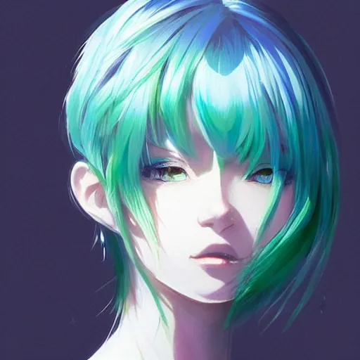 Image similar to portrait of anime pixie character with blue to green gradient hair, manga cover, highly detailed, digital painting, artstation, concept art, sharp focus, illustration, strong brush stroke, anime, art by greg rutkowski, ilya kuvshinov, sharp focus, ghibli studio, art by ilya kuvshinov, rossdraws