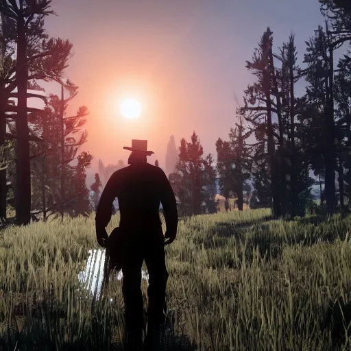 Image similar to Walter White as a character in Red Dead Redemption 2, forest during sunset, realistic screenshot