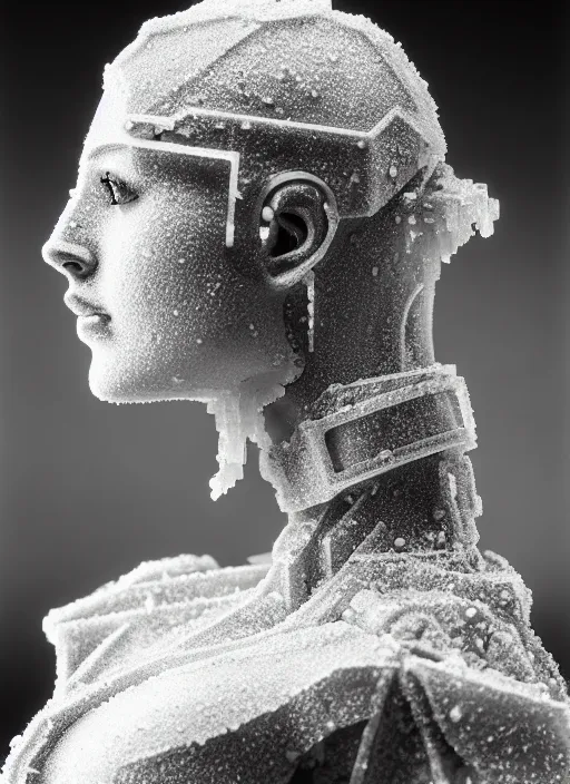 Prompt: a young female cyborg bust made of ice and concrete, dramatic, ilford hp 5, closeup - view, f / 2. 8, high contrast, 1 6 k, fluorescent lamp, contre - jour, insanely detailed and intricate, hypermaximalist, elegant, ornate, hyper realistic, super detailed