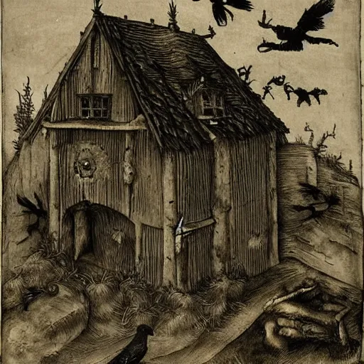 Prompt: gothic wooden hut with ravens and spiders, Ink, By Albrecht Durer