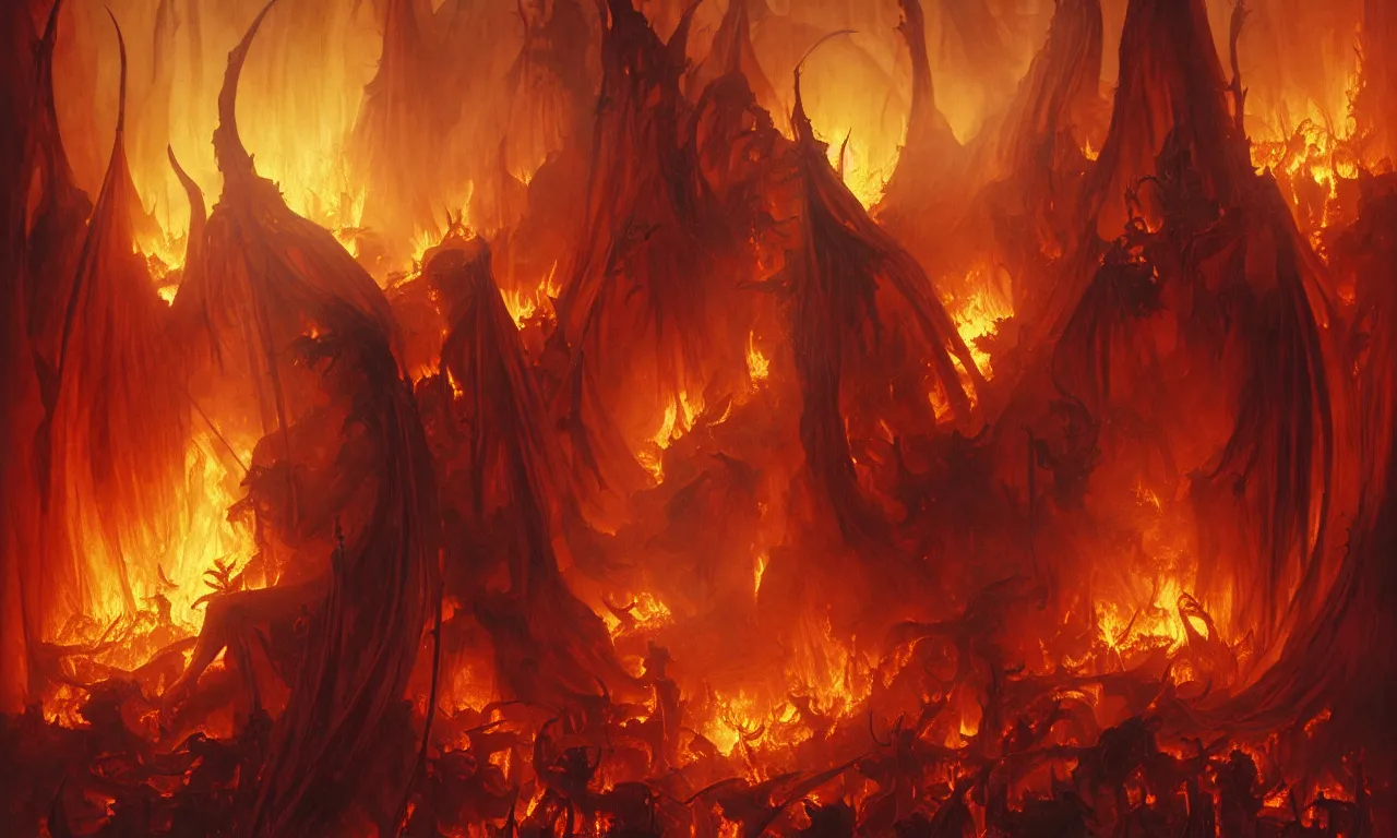 Image similar to Purgatory, fire in hell. A crowd of sinful people is burning in hell in hellfire. The gateway to the infernal underworld. Devils demons and ghouls torment sinful people, highly detailed, digital painting, artstation, concept art, smooth, sharp focus, illustration, art by artgerm and greg rutkowski and alphonse mucha