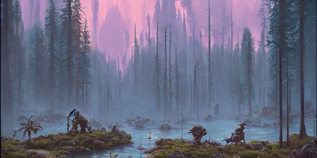 Image similar to A fantasy painting of a beautiful fantasy environment by michael whelan and simon stålenhag