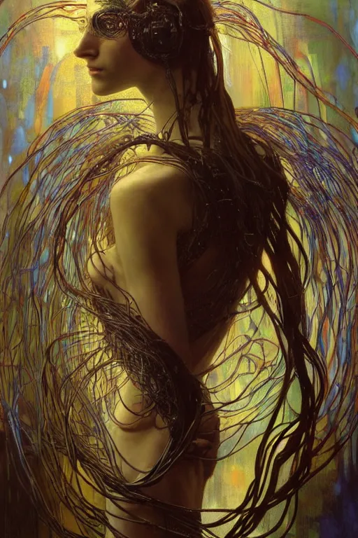 Image similar to hyperrealist portrait of a human with eagle head, it is decorated with long wires and feathers that fall like vines with lots of computer monitors in the background. by jeremy mann and alphonse mucha, fantasy art, photo realistic, dynamic lighting, artstation, poster, volumetric lighting, very detailed faces, 8 k, award winning