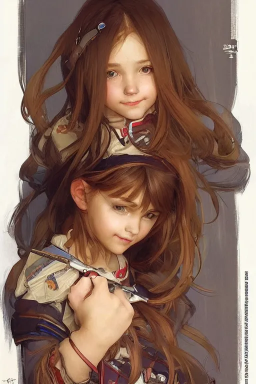 Prompt: a little gamergirl with a mischievous face and short!! light brown straight hair. she is dressed as gamergirl in her room, painting, beautiful detailed face. by artgerm and greg rutkowski and alphonse mucha