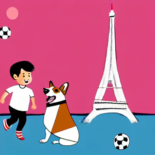 Prompt: illustration of french boy playing football with a corgi wearing a polkadot scarf in front of the eiffel tower