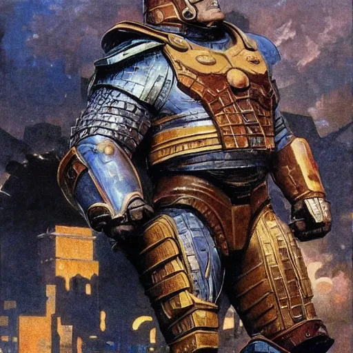 Prompt: style : norman rockwell. composition : close shot. style : digital art ; detailed ; dreamlike ; 4 k. scenery : a coliseum with lots of people in the stands. subject : darkseid, wearing full body armor.