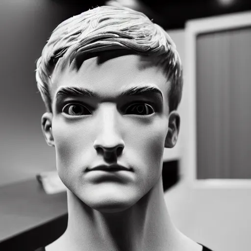 Prompt: “a realistic detailed photo of a guy who is an attractive humanoid who is half robot and half humanoid, who is a male android, twitch streamer Ninja Tyler Blevins, shiny skin, posing like a statue, blank stare, displayed”