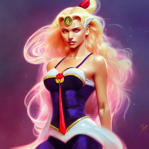 Image similar to Blonde Adriana Lima as Sailor Moon, western, D&D, fantasy, intricate, elegant, highly detailed, digital painting, artstation, concept art, matte, sharp focus, illustration, art by Artgerm and Greg Rutkowski and Alphonse Mucha