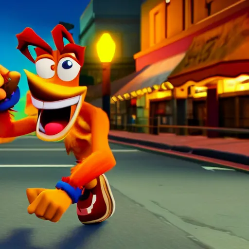 Prompt: Crash Bandicoot eating a cheeseburger in the middle of a street, cinematic lighting