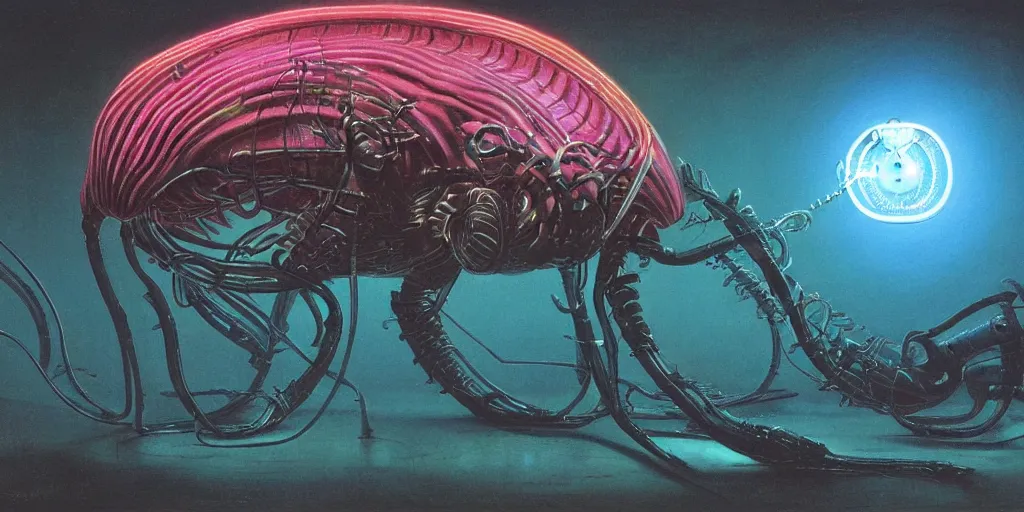 Prompt: angry, screaming cybernetic electrical nautilus spider, made of neon light, volumetric lighting, by caspar david friedrich and wayne barlowe and ted nasmith