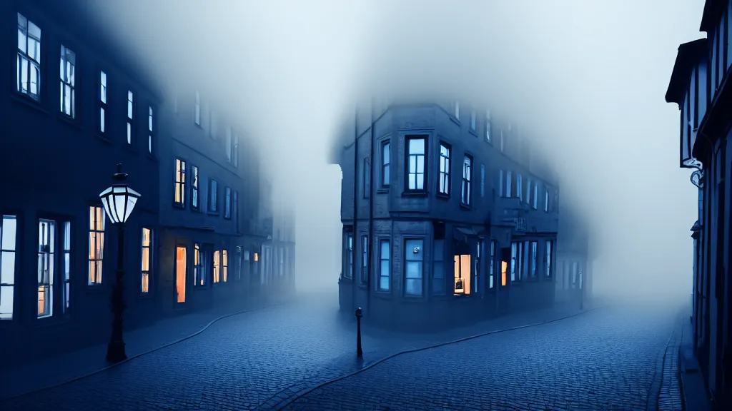 Image similar to the old town with houses in the windows of which the light is on. early morning, fog. mike barr painting. volumetric light, derk blue ambient, noir arthouse, 3 5 mm, hight detalied, hd, 4 k