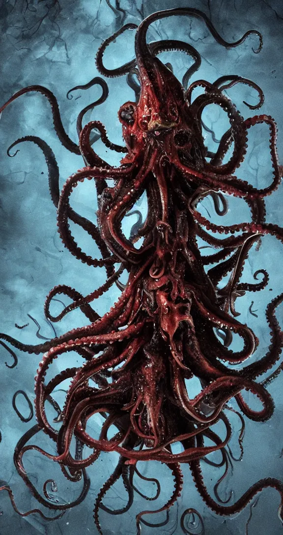 Image similar to very terrifying cenobite cephalopod squid octopus demon splattered with blood, full body portrait showing entire scary monster, brown bristle hair, neo-expressionistic, maximalist, horror monster masterpiece, trending on DeviantArt, 4K resolution, dark cinematic, hyperrealism, octane render, volumetric lighting, ultra-detailed, chiaroscuro, dark blue ocean background, deep underwater, in the style of Giger and Ralph Steadman and Da Vinci,