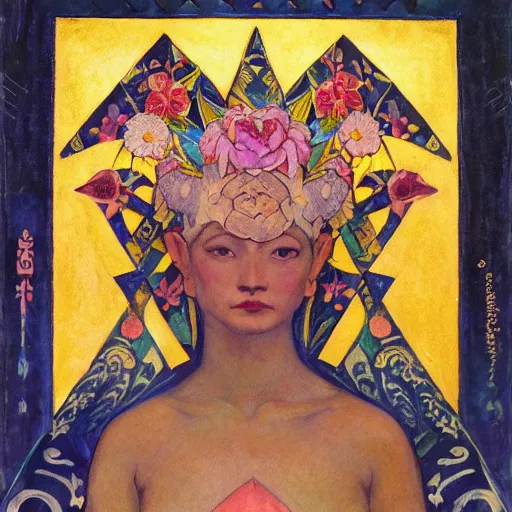 Image similar to the night crown and lantern, by Annie Swynnerton and Nicholas Roerich and Diego Rivera, flowing robes, floral tattoos, elaborate costume, geometric ornament, symbolist, soft colors, dramatic lighting, smooth, sharp focus, extremely detailed