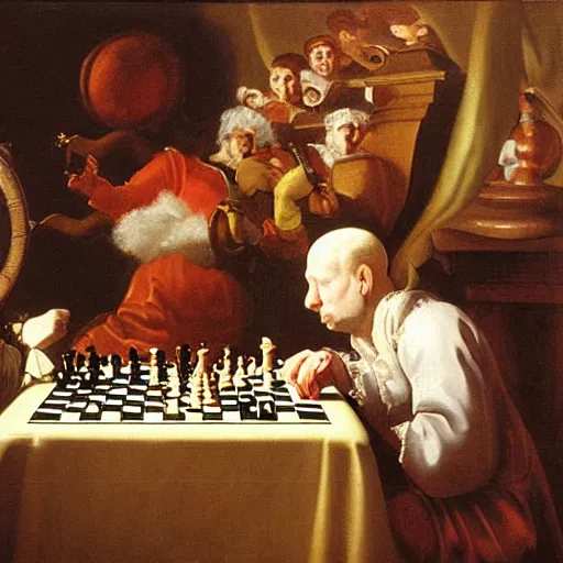 Prompt: baroque oil painting of a chess game