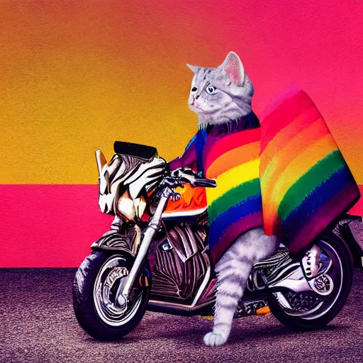 Image similar to wide angle full body, jacket wearing fluffy cute rainbow kitten wearing a black leather motorcycle jacket, cinematic concept art