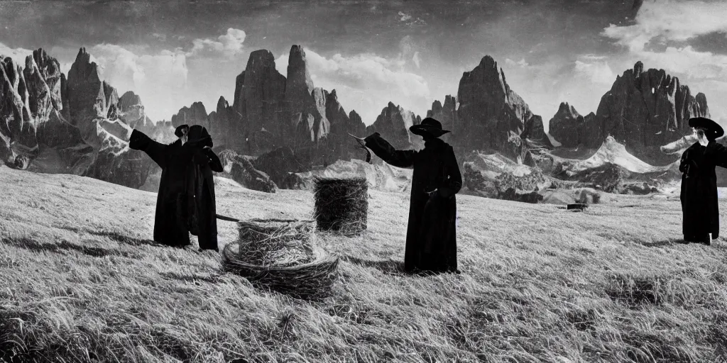 Image similar to 1920s photography of occult priests with hay coats and horn with dolomites in the background, occult signs, witch burning, solstice fire, alp, dolomites, alpine, detailed intricate insanely detailed octane render, 8k artistic 1920s photography, photorealistic, black and white, chiaroscuro, hd, by David Cronenberg, Raphael, Caravaggio