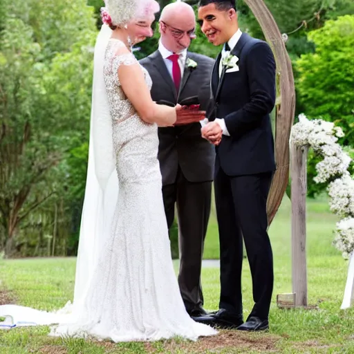 Image similar to a lovely gay wedding between a middle aged balding white man and a young brown skinny Latino man