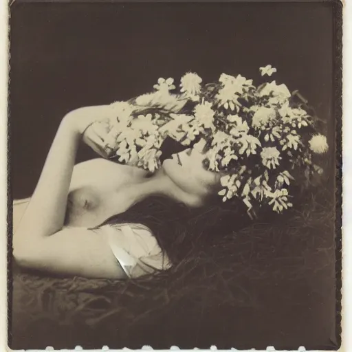 Image similar to portrait of a beautiful woman corpse covered in flowers, 1910 polaroid photography,